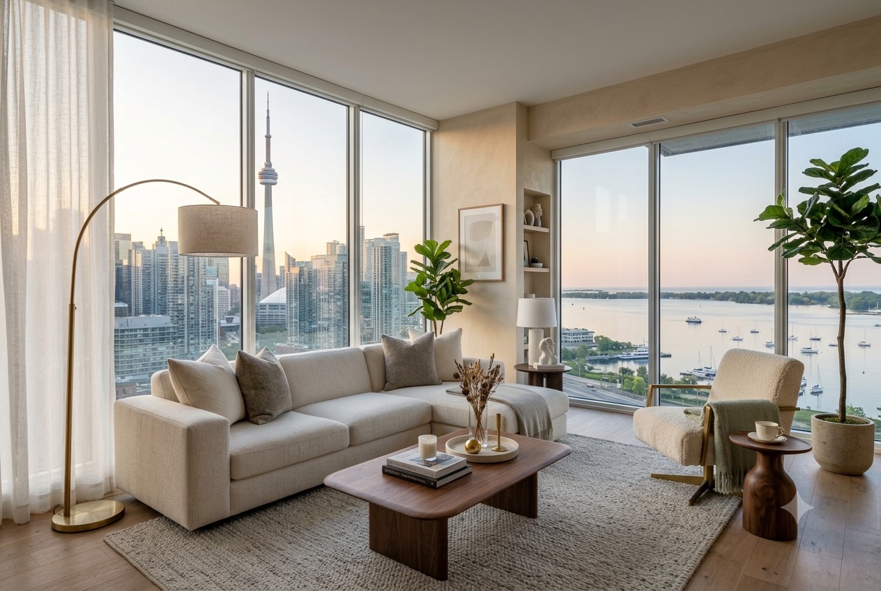 A bright condo living room over the Toronto harbour at sunrise