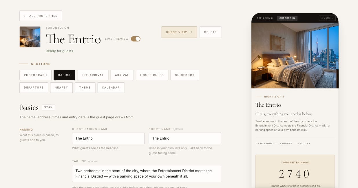 The Basics screen: naming and address fields on the left, the guest's page on the right