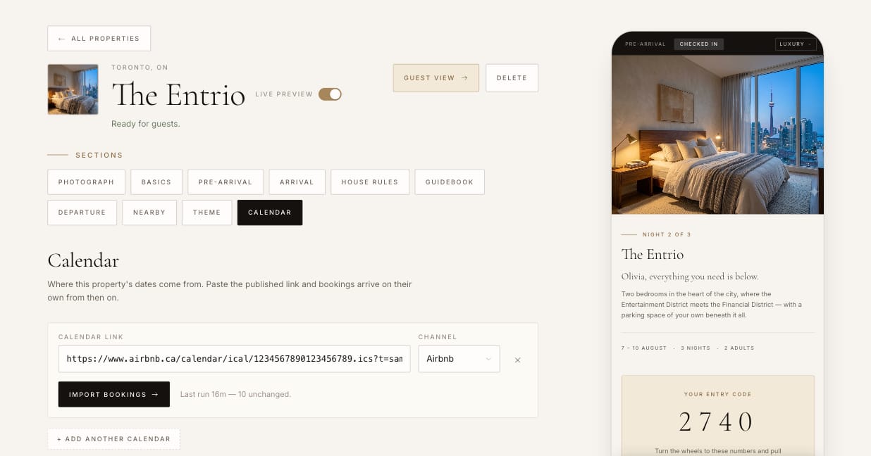 The Calendar screen: a calendar link pasted, with the last import reported beneath it