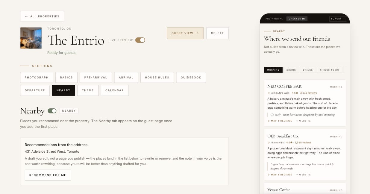 The Nearby screen: recommendations with host notes, beside the guest's Nearby tab